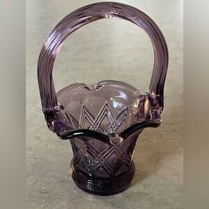Vintage Fenton Art Glass mini basket amethyst purple diamond lace pattern